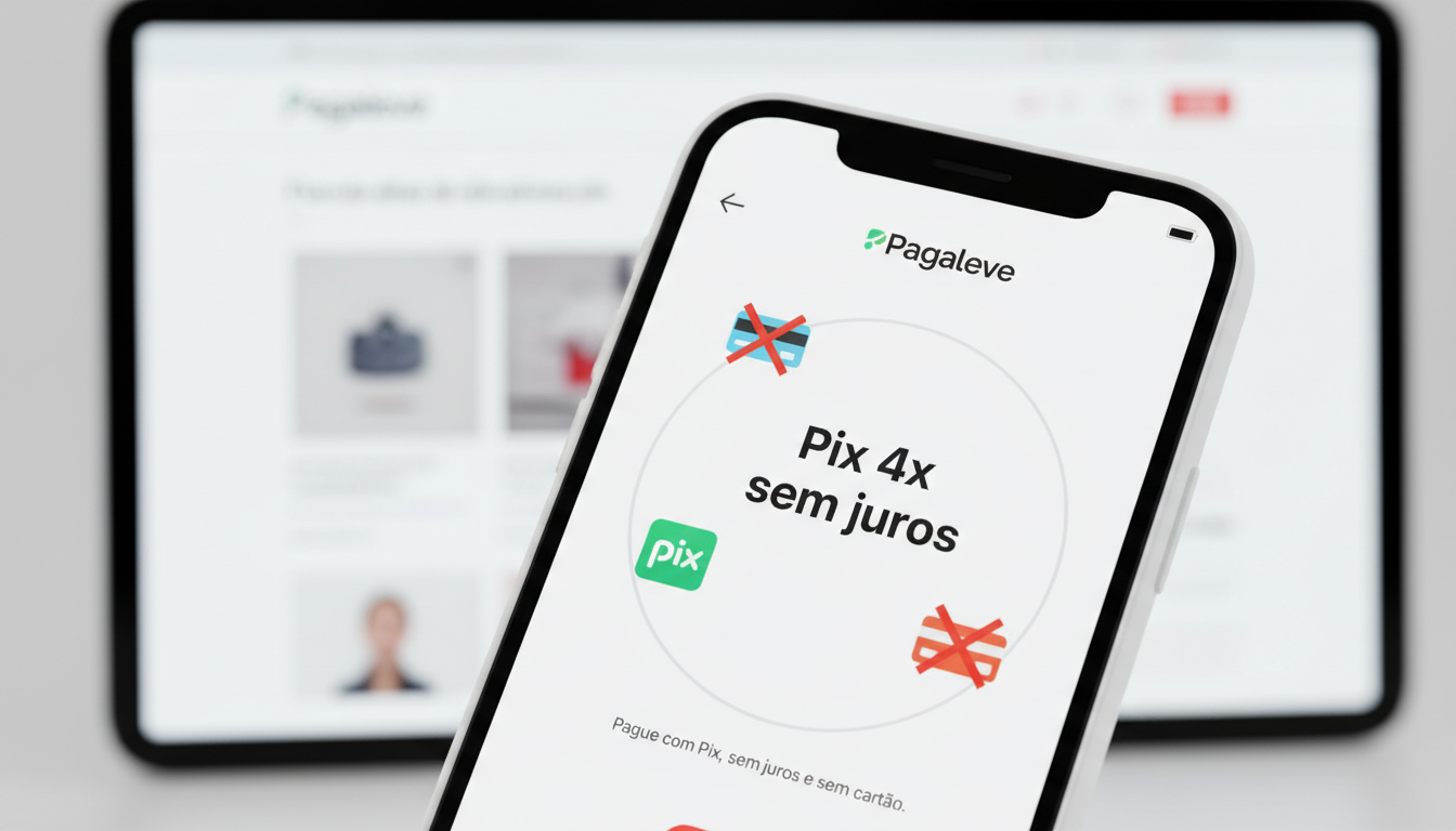 Smartphone com app Pagaleve exibindo Pix 4x sem juros, versão 1.7.0, e ícones de pagamento digital