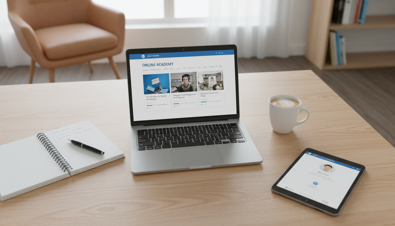 Tela de laptop com tema WordPress para educação, mostrando layout de curso e perfil de aluno em uma plataforma EAD.