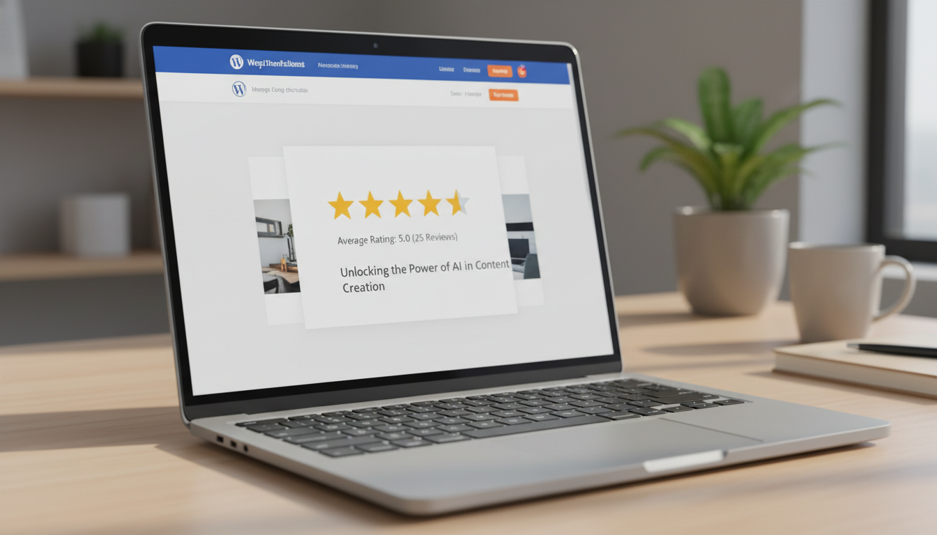 Plugin Rate My Post 4.5.1 em tela de laptop, com estrelas de avaliação douradas e design limpo.