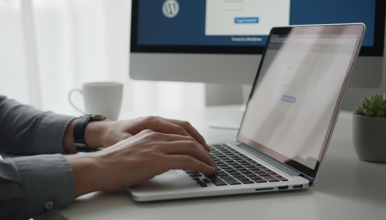 Pessoa digitando em laptop com tela de login do WordPress e opção de redefinir senha