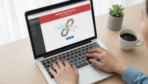 Mãos digitando em laptop corrigindo links quebrados no WordPress, tela com alerta de erro 404