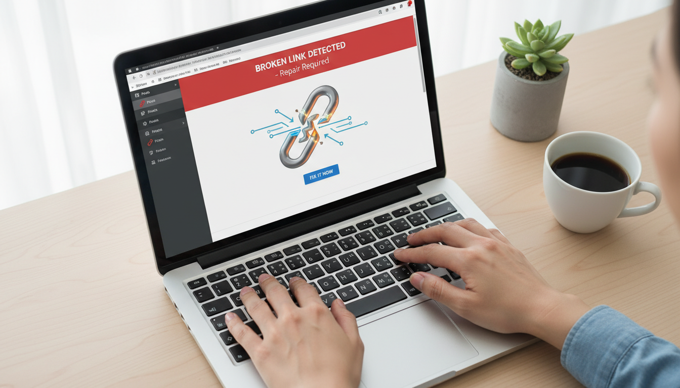 Mãos digitando em laptop corrigindo links quebrados no WordPress, tela com alerta de erro 404