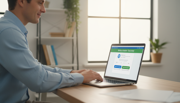 Pessoa restaurando site WordPress de backup, painel WordPress, recuperação de dados, site online novamente
