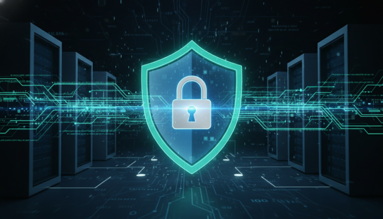 Ícone de escudo e cadeado sobre código de website, representando a segurança do plugin Really Simple Security 9.5.9