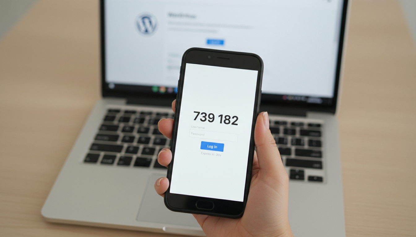 Mão segurando smartphone com código 2FA, protegendo login do WordPress em laptop