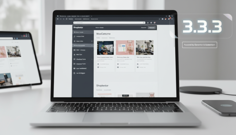 Interface do ShopLentor 3.3.3 com Elementor e Gutenberg construindo uma loja WooCommerce, mostrando a versão 3.3.3 e módulos avançados.