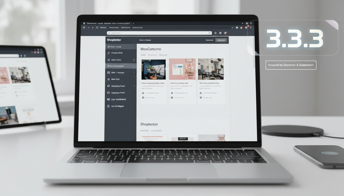 Interface do ShopLentor 3.3.3 com Elementor e Gutenberg construindo uma loja WooCommerce, mostrando a versão 3.3.3 e módulos avançados.