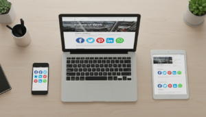 Botões de compartilhamento social Simple Social Media Share Buttons 6.2.1 em tela de laptop, tablet e smartphone