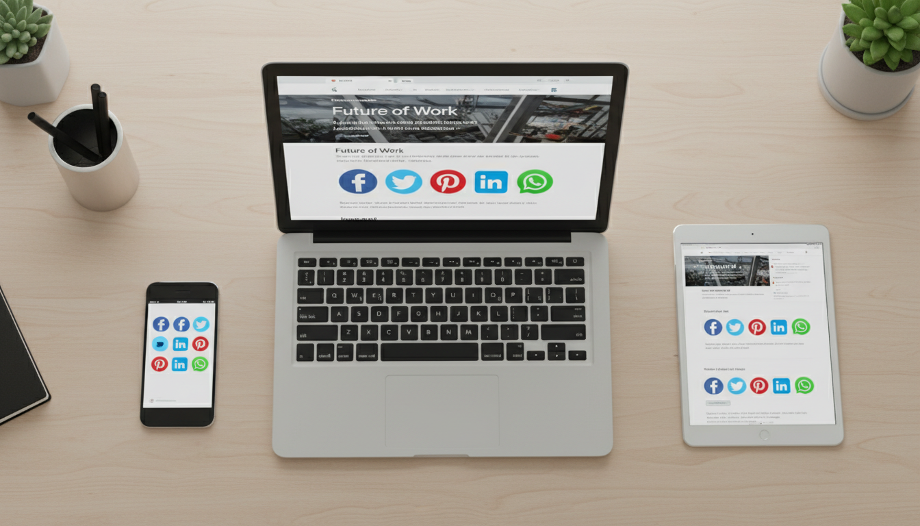 Botões de compartilhamento social Simple Social Media Share Buttons 6.2.1 em tela de laptop, tablet e smartphone