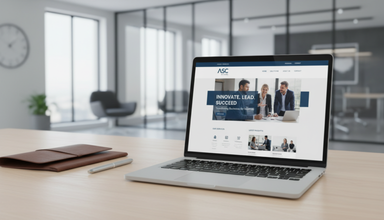 Site corporativo profissional em WordPress em tela de laptop, escritório moderno