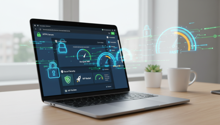 Laptop exibindo um site WordPress com ícones de segurança e velocidade, simbolizando a importância de manter o tema atualizado.