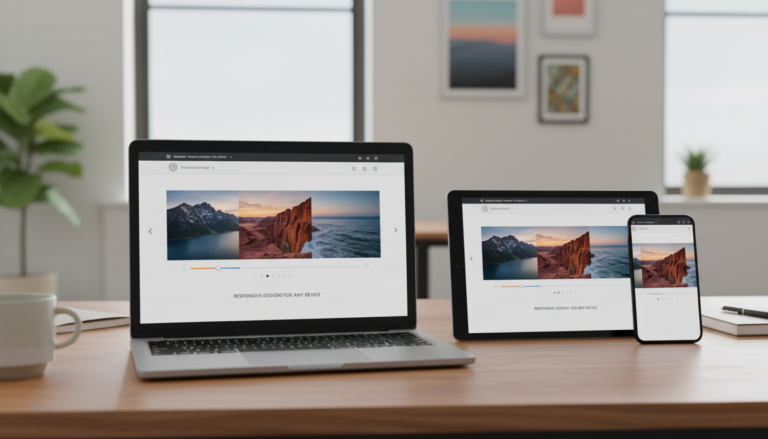 Slider de imagens responsivo em tela de laptop, com smartphone e tablet mostrando a adaptação do design no WordPress.