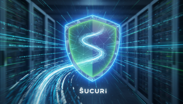 Escudo digital azul e roxo protegendo um site com o logo Sucuri, representando a versão 2.7 e suas melhorias em segurança web e desempenho.