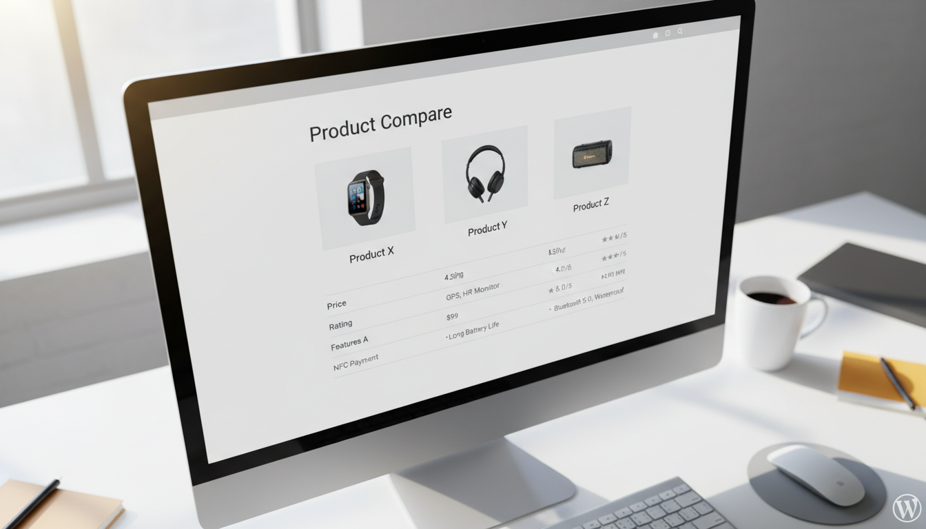 Comparação de produtos WordPress, plugin e-commerce, tabela comparativa, escolha de produto online, otimização de loja virtual.