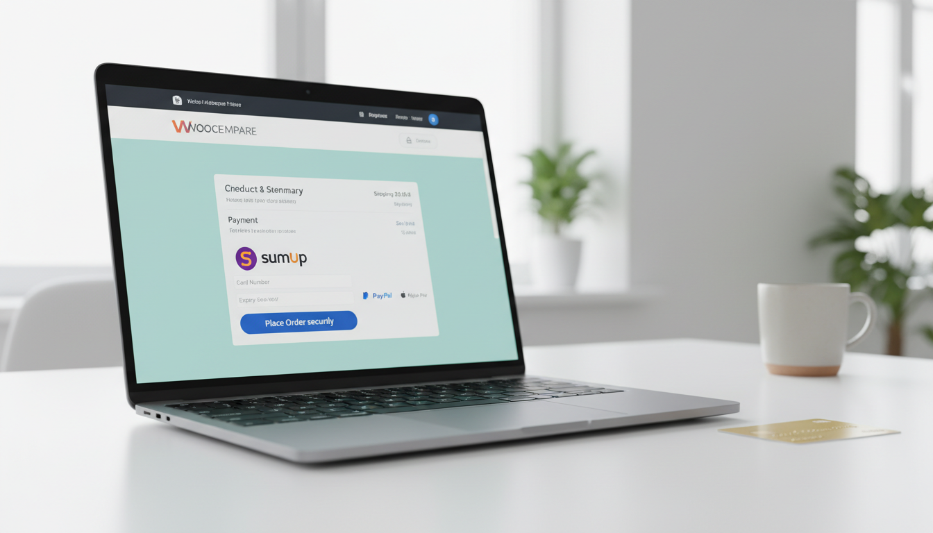 Interface do SumUp Payment Gateway For WooCommerce 2.8.2 em um checkout, com logotipo SumUp e opções de cartão de crédito.