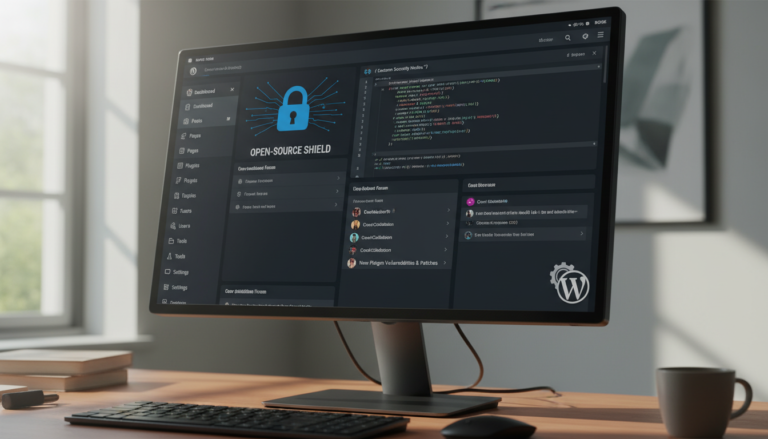 WordPress dashboard com ícones de código aberto, segurança e personalização, representando Temas WordPress de Código Aberto