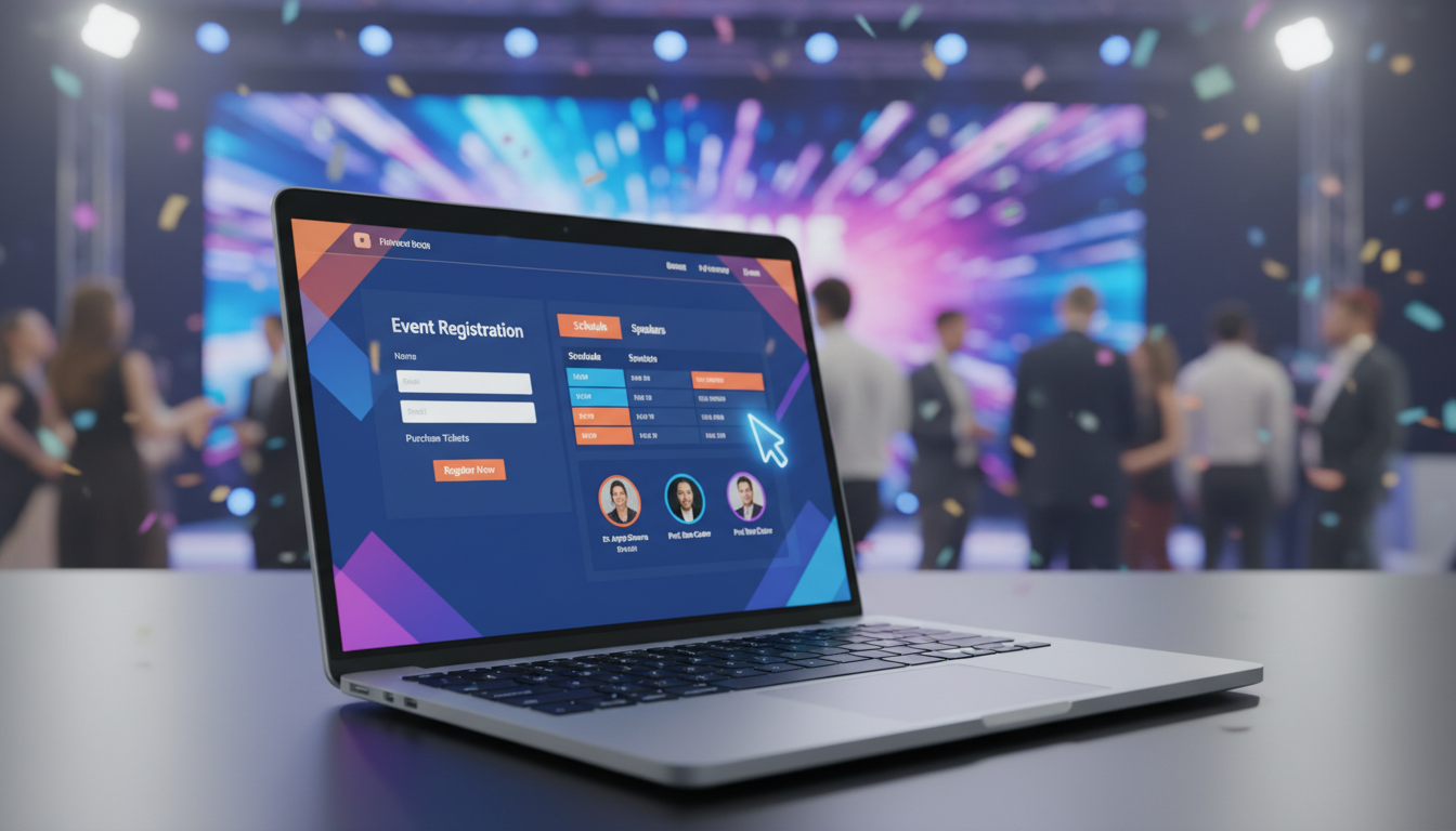 Interface de site de evento WordPress com formulário de inscrição e programação, em laptop, fundo de conferência.