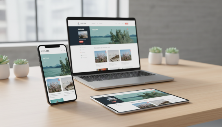 Design responsivo de website em WordPress exibido em smartphone, tablet e laptop, mostrando adaptabilidade de layout.