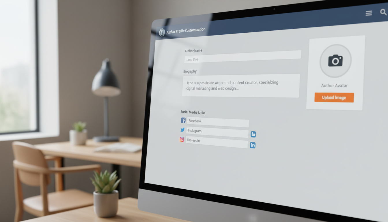 Painel do WordPress com um formulário para adicionar ou editar um bloco de autor personalizado, exibindo uma foto de perfil e biografia.