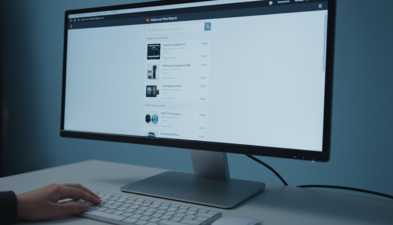 Imagem de um computador com o Advanced Woo Search 3.60 exibindo resultados de busca de produtos em uma loja WooCommerce, com uma mão digitando no teclado.