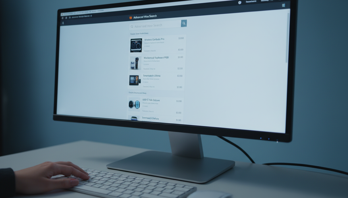 Imagem de um computador com o Advanced Woo Search 3.60 exibindo resultados de busca de produtos em uma loja WooCommerce, com uma mão digitando no teclado.