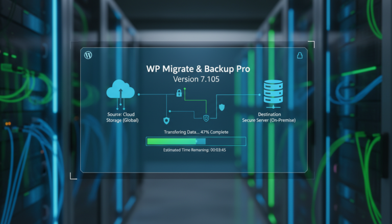 Interface do plugin All-in-One WP Migração e Backup versão 7.105 para WordPress, exibindo opções de exportação e importação de site.