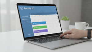 Dashboard do Amelia 2.2 em laptop, gestão de agendamentos e eventos, software de calendário online, interface de usuário otimizada, agendamento digital