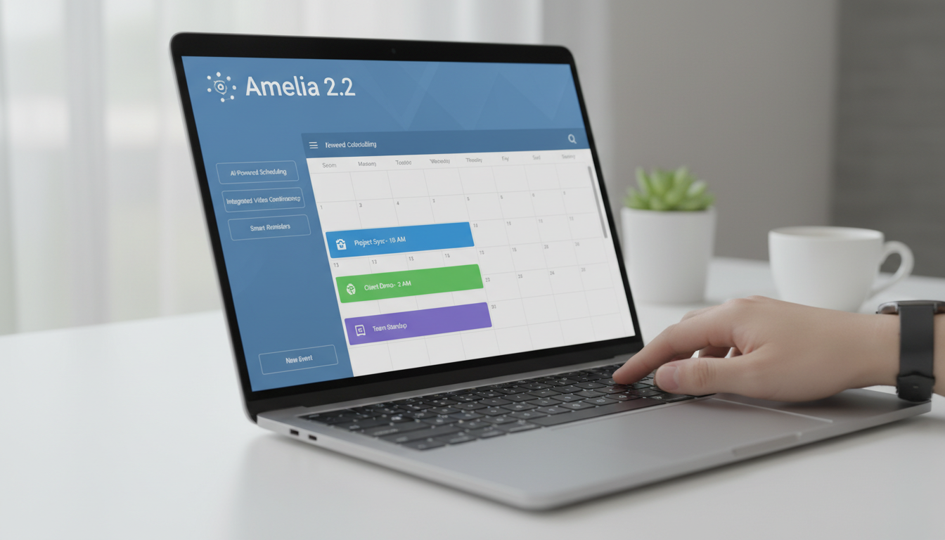 Dashboard do Amelia 2.2 em laptop, gestão de agendamentos e eventos, software de calendário online, interface de usuário otimizada, agendamento digital