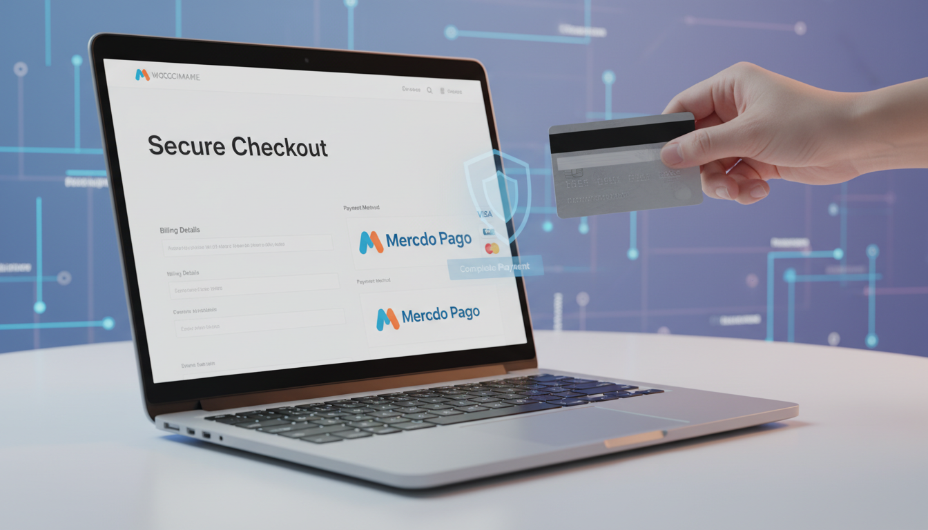 Tela de checkout WooCommerce com logo Mercado Pago e cartão de crédito, simbolizando pagamento seguro e rápido