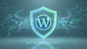 Ícone de escudo digital protegendo o logo do WordPress, simbolizando o plugin BackWPup 5.6.8 e suas funcionalidades de backup e restauração.