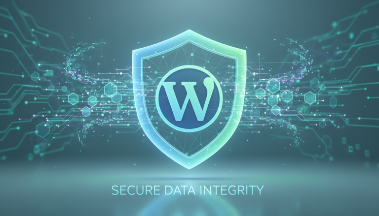 Ícone de escudo digital protegendo o logo do WordPress, simbolizando o plugin BackWPup 5.6.8 e suas funcionalidades de backup e restauração.