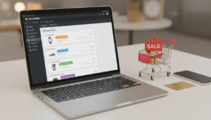 Interface do Discount Rules for WooCommerce 2.6.15 em um laptop, com regras de desconto sendo configuradas