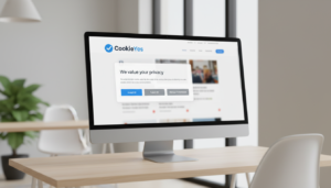 Banner de consentimento de cookies CookieYes 3.4.2 em tela de computador