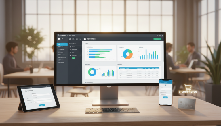 Tela do ProfilePress 4.16.13 com formulário de registro, login e perfil de usuário
