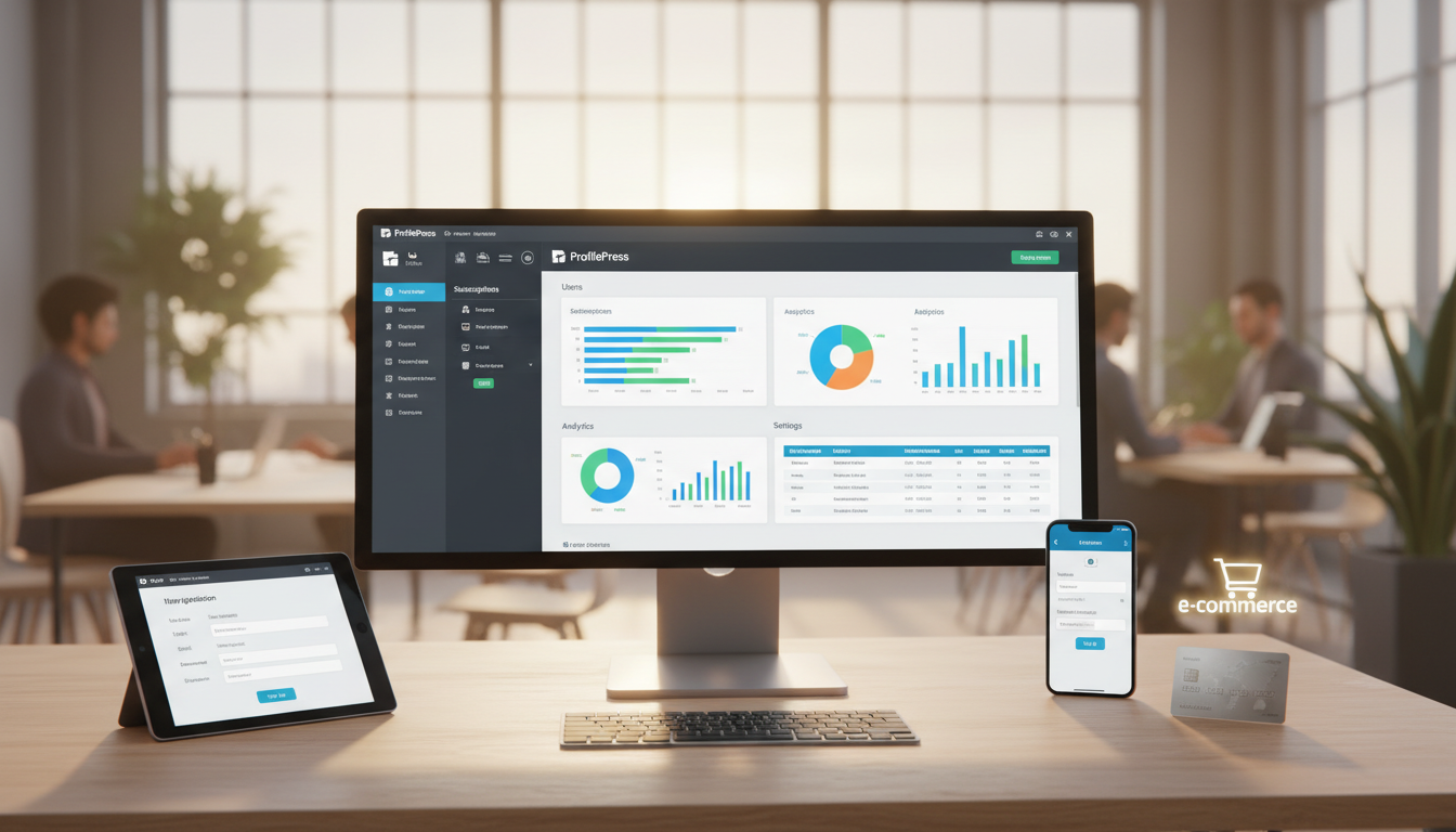 Tela do ProfilePress 4.16.13 com formulário de registro, login e perfil de usuário