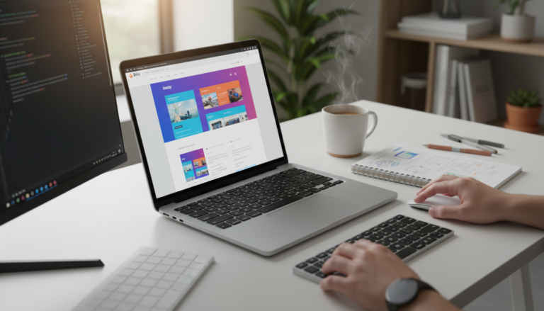 Interface do Brizy Page Builder 2.8.9 em um laptop, com mãos digitando no teclado e mouse
