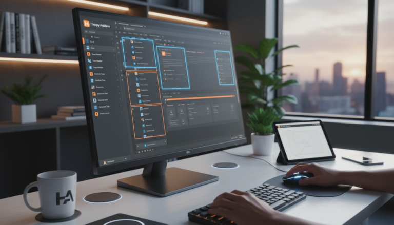 Interface do Elementor com Happy Addons 3.21.3 em uso, mãos de designer digitando