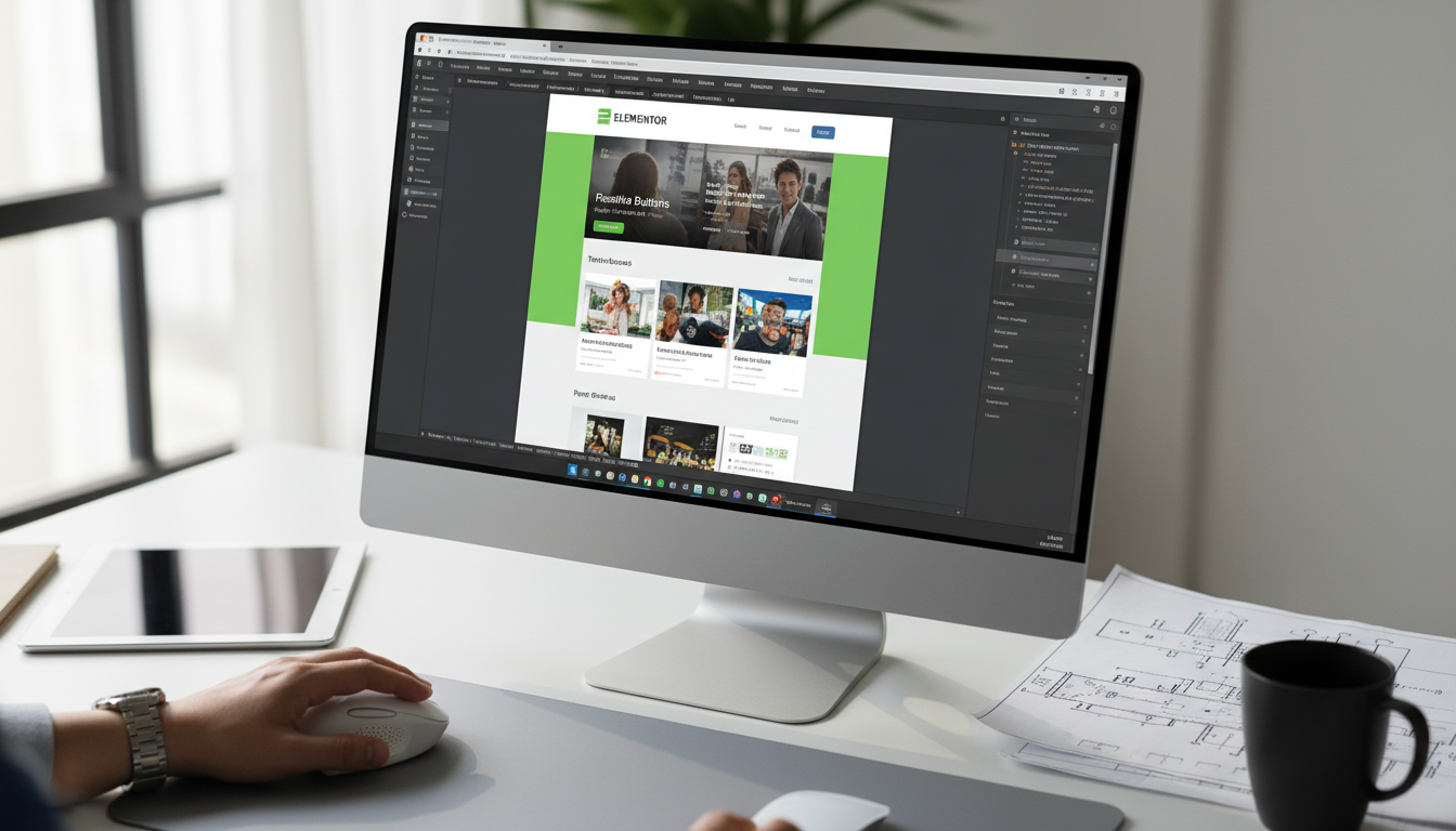 Tela de computador com Elementor e Essential Addons 6.6.2, ilustrando a criação de um site moderno e responsivo.