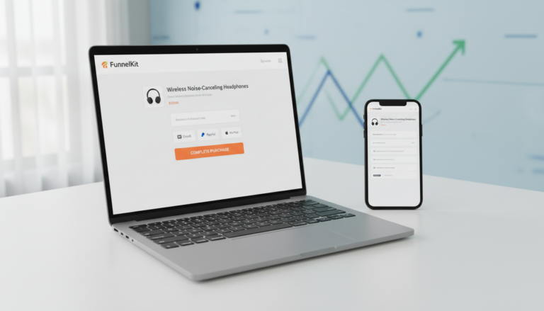 Tela de checkout WooCommerce com FunnelKit 3.14.0.3 em laptop e smartphone, demonstrando otimização e design responsivo.