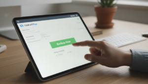 Interface do UpdraftPlus 1.26.3 em tablet, mão clicando em botão de backup, segurança WordPress