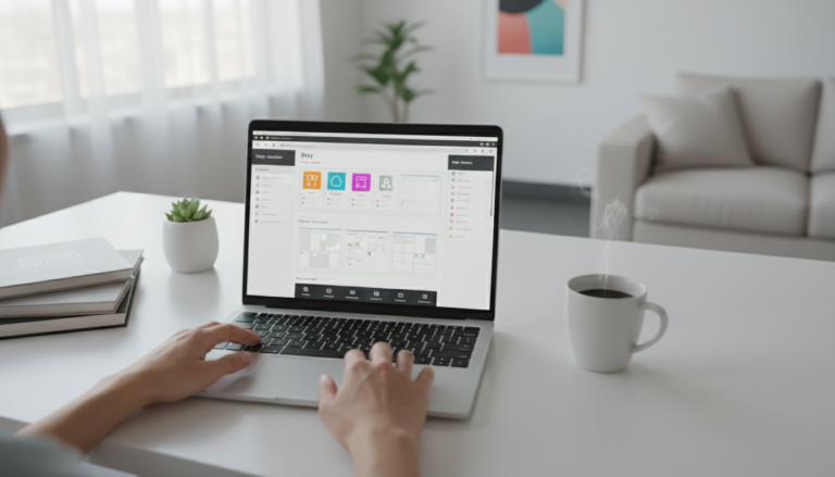 Interface do Brizy – Page Builder 2.8.12 em um notebook, com elementos de design de site.