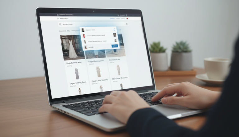 Tela de laptop exibindo a busca de produtos de uma loja WooCommerce, com sugestões de busca do Advanced Woo Search 3.61