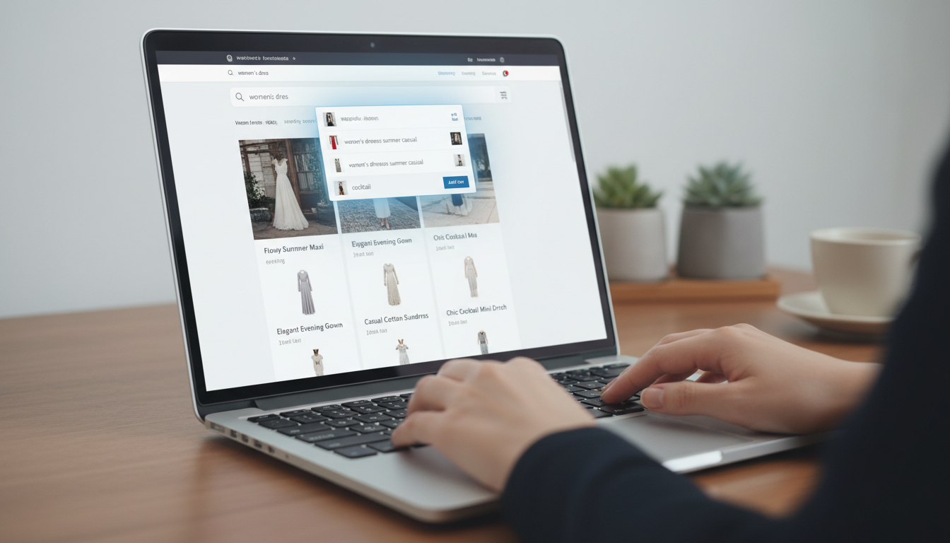Tela de laptop exibindo a busca de produtos de uma loja WooCommerce, com sugestões de busca do Advanced Woo Search 3.61