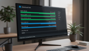 Interface moderna do Download Manager 3.3.53 com downloads em progresso e recursos visuais aprimorados.