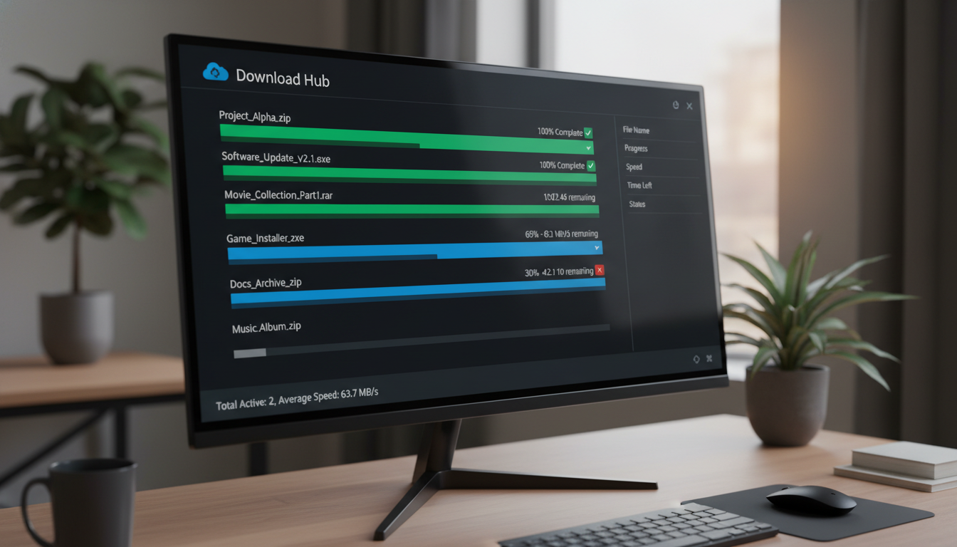 Interface moderna do Download Manager 3.3.53 com downloads em progresso e recursos visuais aprimorados.
