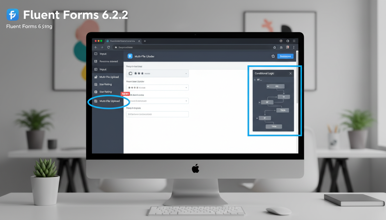 Fluent Forms 6.2.2, novidades, melhorias, construtor de formulários, WordPress, upload de arquivos, lógica condicional, avaliação por estrelas, segurança, desempenho, integrações.