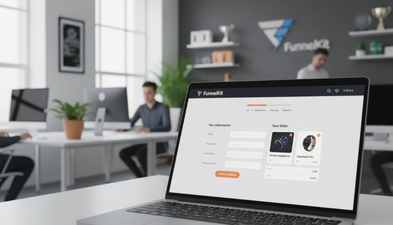 Interface FunnelKit 3.15.0.2 com checkout WooCommerce otimizado, exibindo campos de formulário e design responsivo.