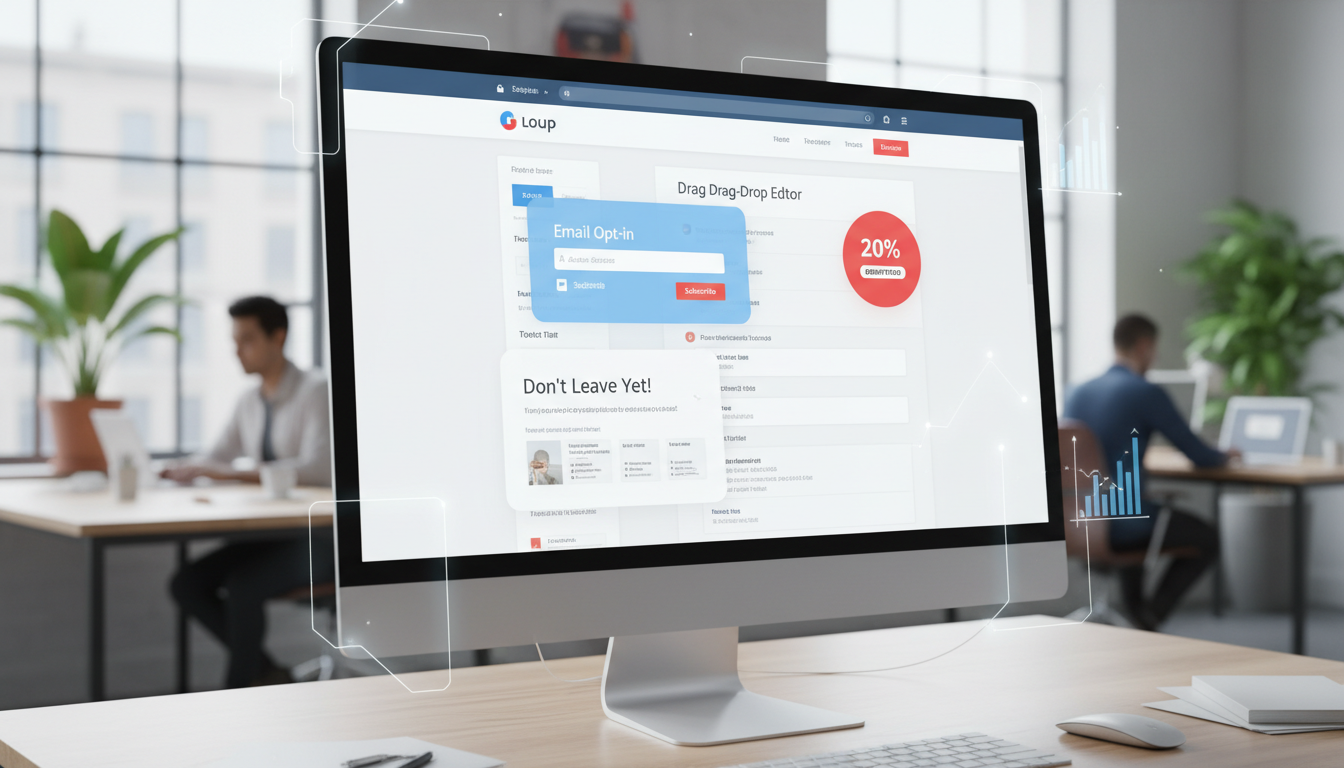 Website com pop-ups do Popup Maker 1.22.0, mostrando editor drag-and-drop e aumento de conversões