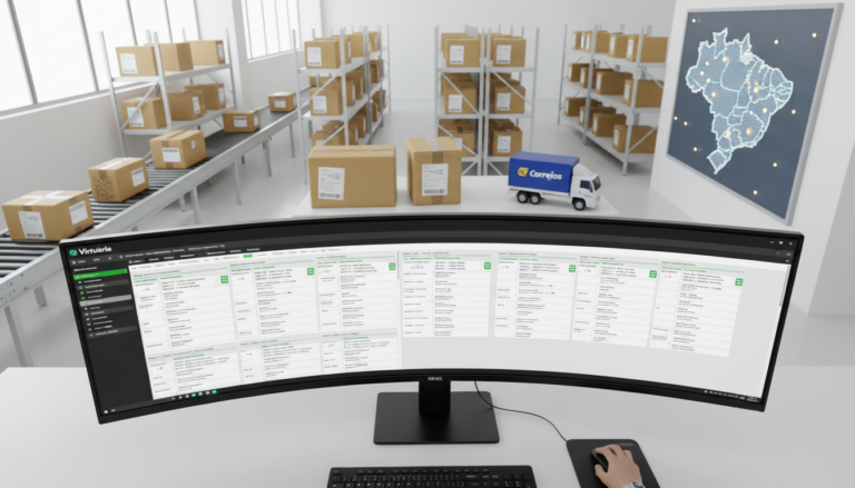 Captura de tela do Virtuaria Correios 1.13.2 com etiquetas de envio, mapa de rastreamento e formulário de declaração de conteúdo.