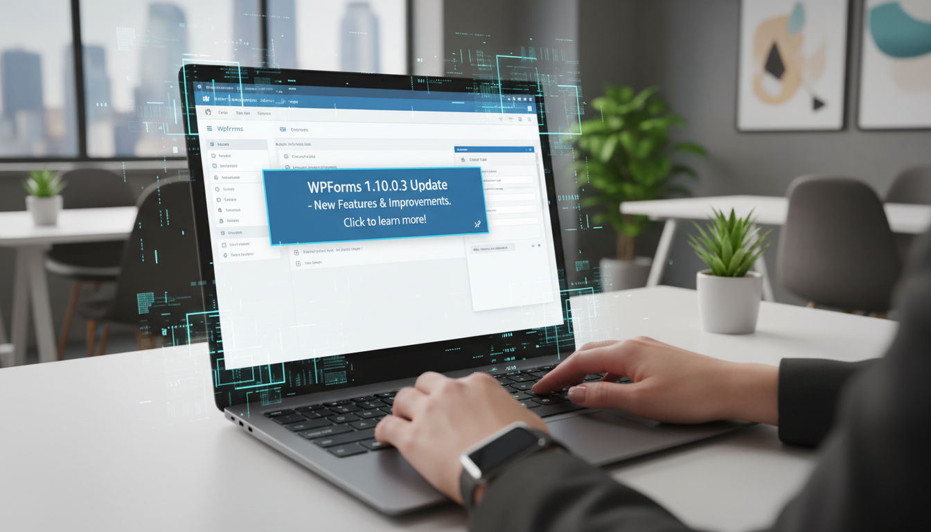 Laptop exibindo a versão 1.10.0.3 do WPForms com novas funcionalidades